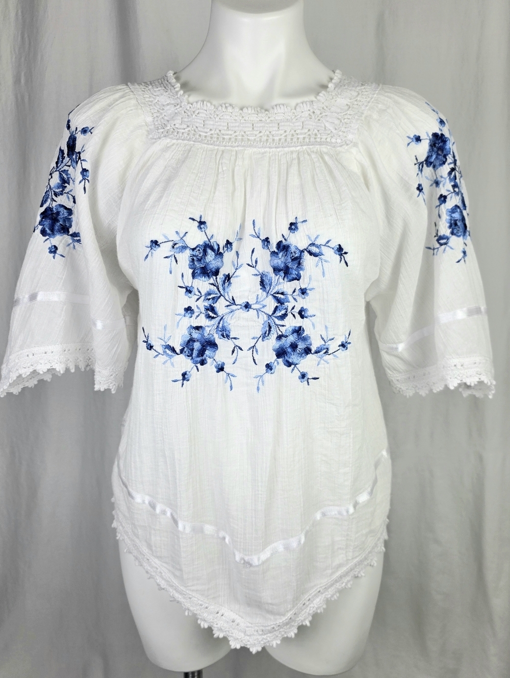 🌿 Boutique Greek Peasant Blouse | Blue Floral Embroidery | 100% Cotton | Size M